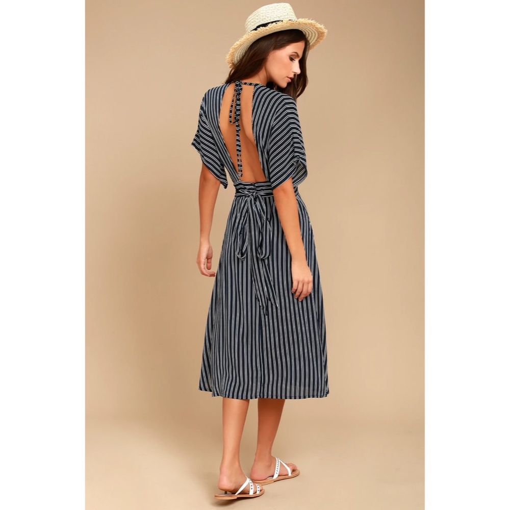 Faithfull the Brand Navy Blue Striped Midi Dress